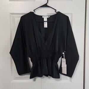 Good American Womens Black Satin Deep V-neck Blouse Size 0/XS Dark Romantic